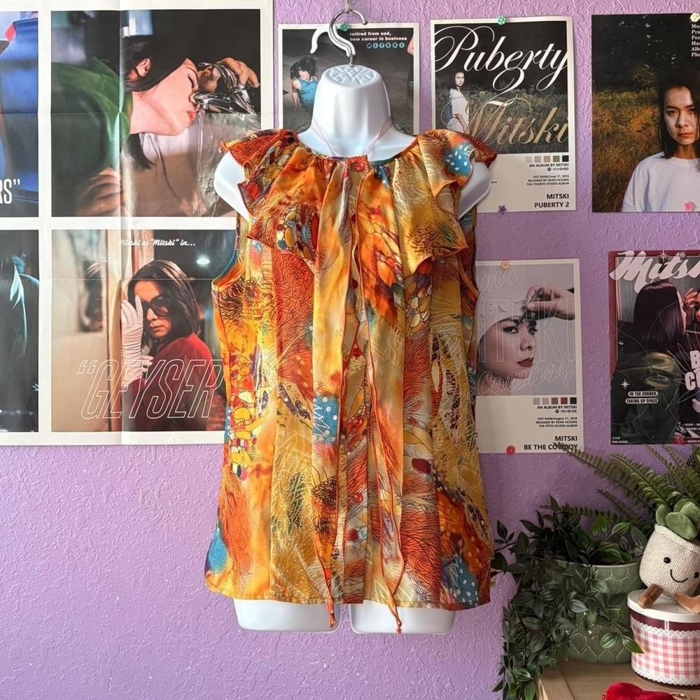 Boho Abstract Ruffle Tie Neck Top Size L - Picture 3 of 5